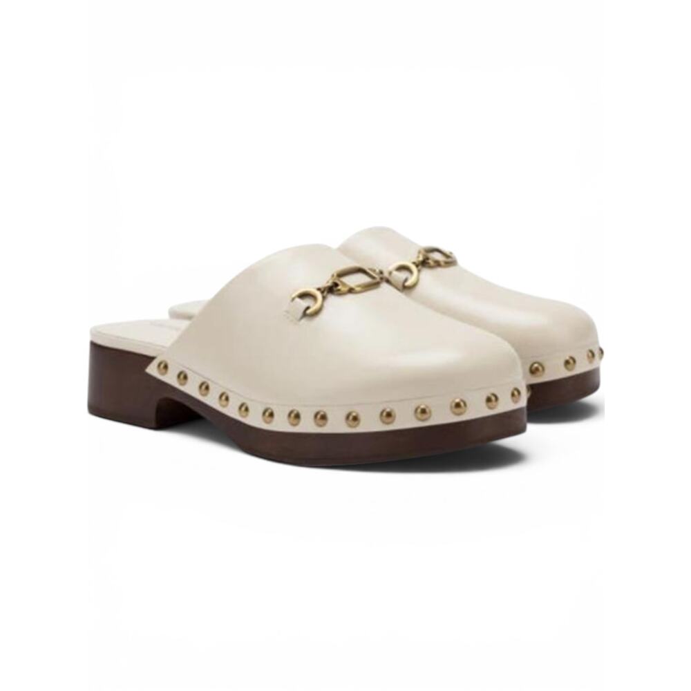 Larroude Zuzi Ivory Leather Horsebit Mule Clog Studded Wood Heel Slip On 6 NWOT